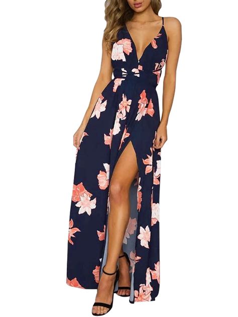 Berrygo Women S Sexy Deep V Neck Backless Floral Print Split Maxi Party Dress Beachwear Central