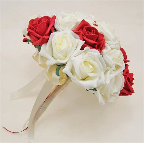 Brides Red And Ivory Artificial Foam Rose Wedding Posy Bouquet Budget