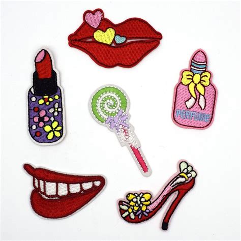 6pcs Lip Lipstick Bag High Heeled Shoes Embroidered Patches Iron On Or
