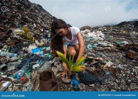 Girl Taking Care Of Plant On Garbage Dump Stock Photo Image