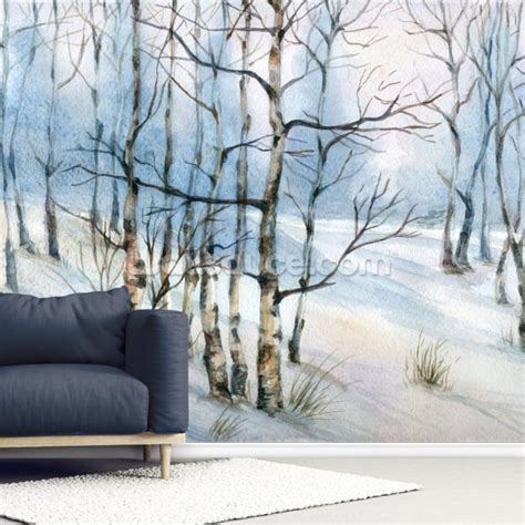 Winter Birch Tree Watercolor Wallpaper Mural Wallsauce Us