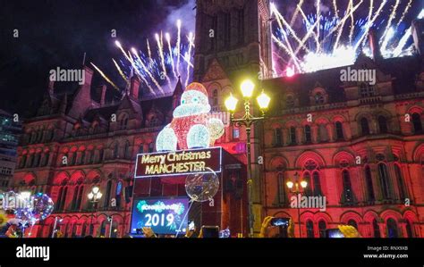New Years Eve Fireworks At Manchester Town Hall Manchester England