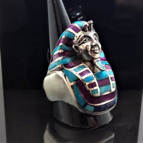 925 Sterling Silver Pharaoh Tutankhamun Egyptian Sphinx Ring Turquoise