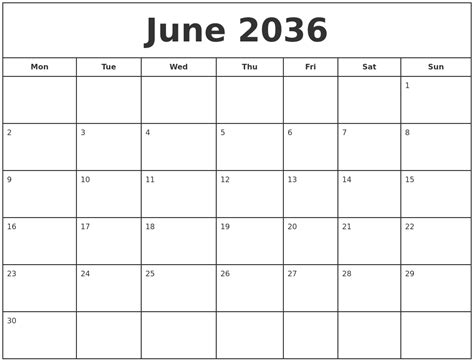 June 2036 Print Free Calendar