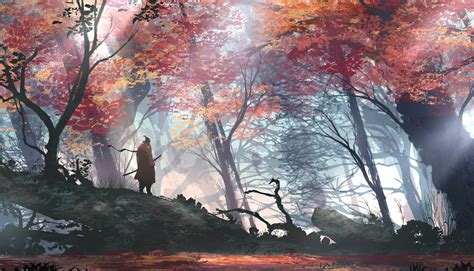 Download 1280x720 Anime Man Samurai Autumn Scenic Forest Sword
