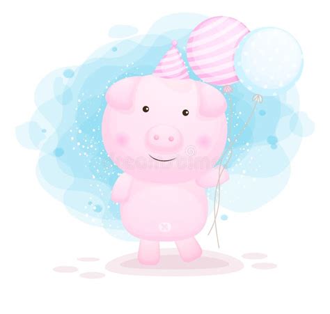 Cute Doodle Piggy Holding Balloons Cartoon Illustration Premium Vector