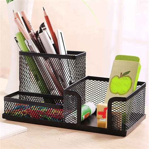 Yhplia 3 Compartment Metal Mesh Desk Organizer Stationary Storage Stand