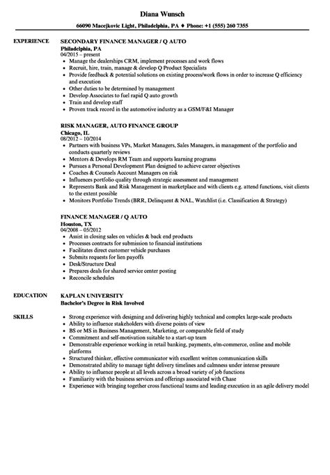 Your resume needs to highlight your skills and experience in a way that makes it clear that you're a perfect candidate for your target job. Auto Finance Manager Resume Samples | Velvet Jobs