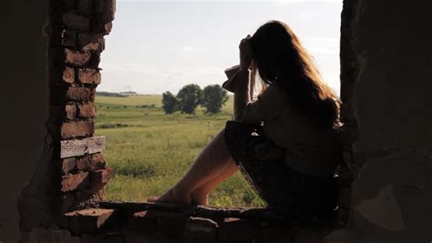 Depression Stress Young Woman Sitting On Window Edge
