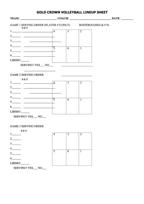 Gold Crown Volleyball Lineup Sheet Printable Pdf Download
