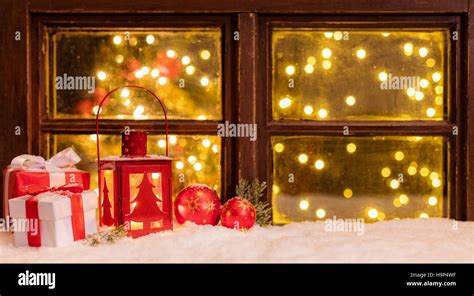 Atmospheric Christmas Window Sill With Decoration And Blur Tree Wth