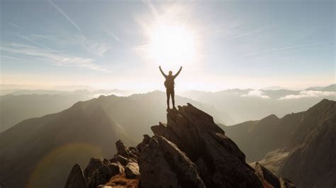 A Hiker Reaching The Summit Of A Mountain Standing In Awe Of The Breathtaking View Arms Raised