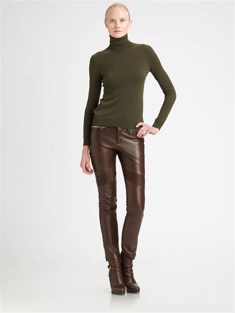 Lyst Ralph Lauren Black Label Leather Moto Pants In Brown