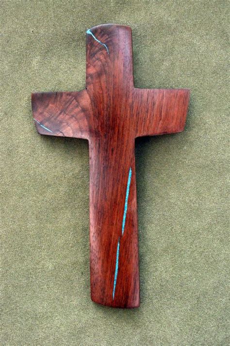 10 High X 6 Wide Walnut Cross With Turquoise Inlay Etsy Wooden