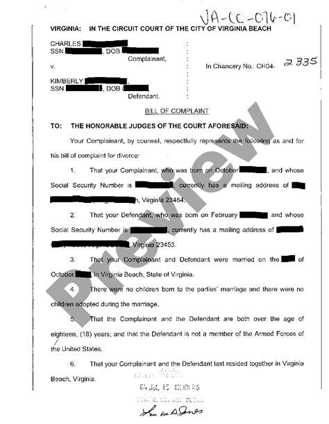 Bill Of Complaint For Divorce Virginia Pdf With Example US Legal Forms
