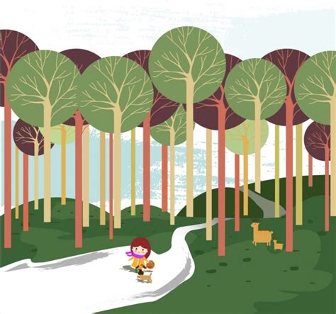 Little Girl In Forest Background Colored Cartoon Drawing Vectors
