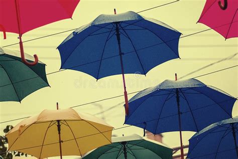 Some Bright Umbrellas In A Rainy Day Stock Image Image Of Gala Hang