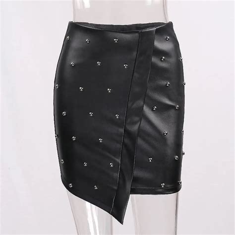 Sanwood Fashion Women Rivet Skirt Street Faux Leather High Waist Bodycon Mini Sexy Pencil Skirt