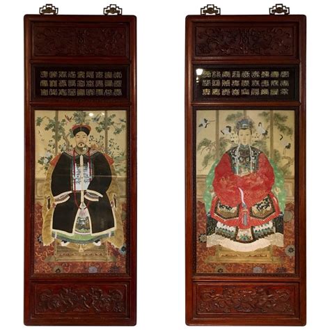 Pair Of Chinese Republic Period Rosewood Framed Ancestor Portraits For