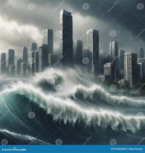 Huge Tsunami Water Hits Large City. Modern City S Skyscrapers Submerged