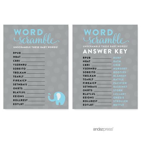 Easy to download and print. Word Scramble Gray Boy Elephant Baby Shower Games , 20 ...