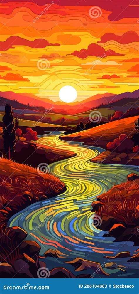 Cartoonish Sunset River In Tuscany Detailed And Vibrant 8k