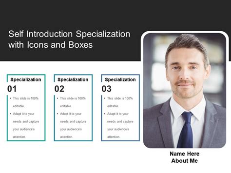 Self Introduction Specialization With Icons And Boxes Presentation