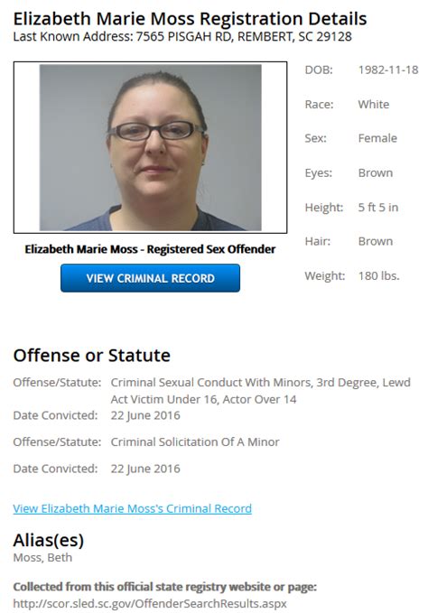 Guilty Elizabeth Marie Moss Sumter South Carolina Arrested Feb 2014 Teacher Misconduct