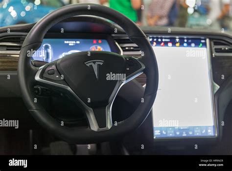 Tesla Electric Drive Car Interior Closeup At First International Trade