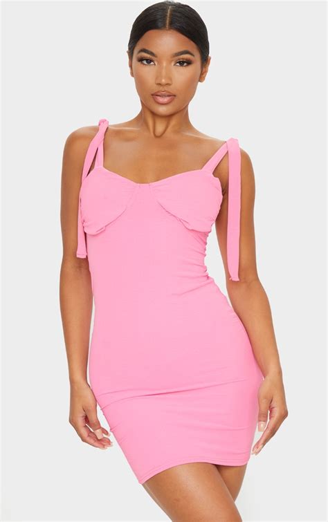 hot pink woven ruched sleeveless bodycon dress prettylittlething ie