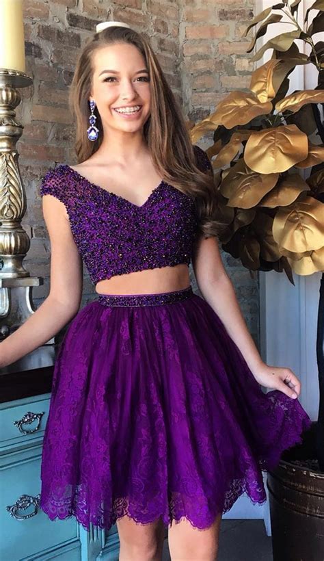 Two Piece V Neck Beading Purple Homecoming Dress With Laceshort