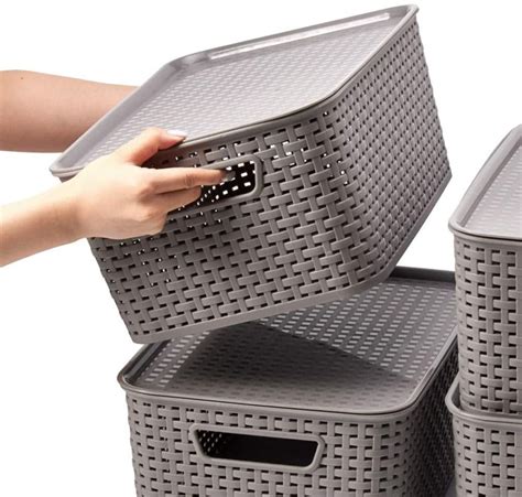 ezoware pack of 4 large plastic baskets with lid stackable lidded knit storage organizer ekp