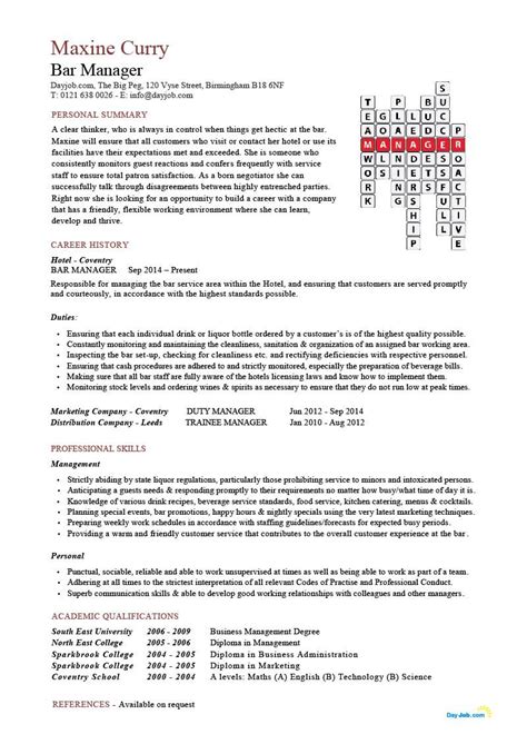 Assistant general managers are expected to set the highest standards for the hotel staff in personal hygiene. Bar Manager CV Crossword template, example, hotel, general ...
