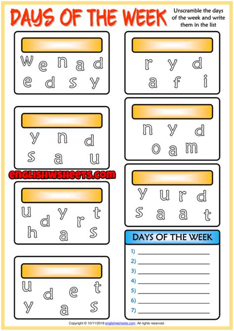 Each level consists of three 10 week courses (e.g. Days of the Week ESL Unscramble the Word Worksheet