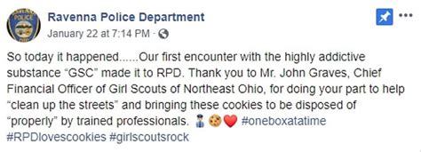 ohio police department warns highly addictive girl scout cookies are about to hit the streets