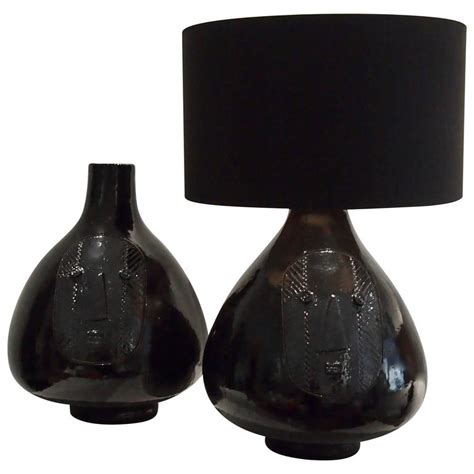 Large Pair Of Ceramic Lamp Bases Glazed In Black Signed By Dalo For