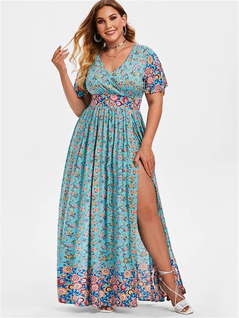 [32 Off] 2021 Plus Size Tiny Floral Print High Slit Maxi Dress In Light Blue Dresslily