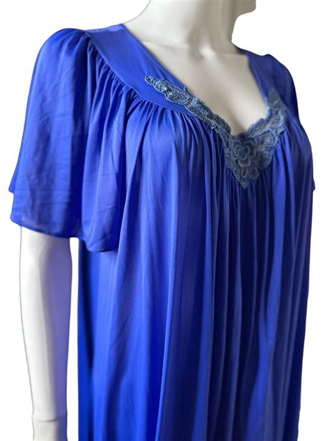 Blue Vintage Miss Elaine Long Nightgown Nylon Gown Flutter Sleeves ~s