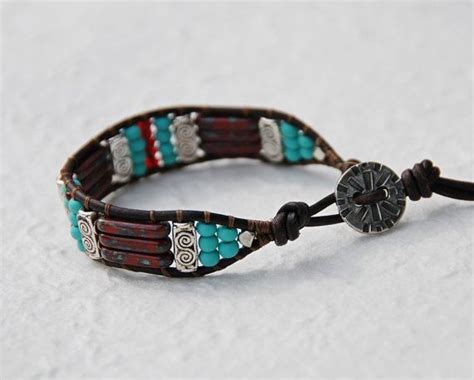 Tribal Leather Bracelet Cuff Red Picasso Tile Beads Turquoise