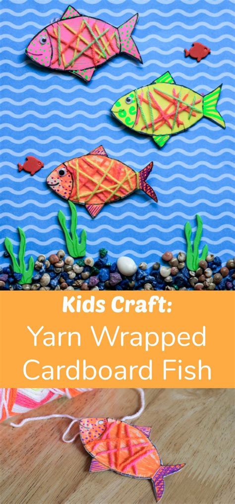 Kids Craft Yarn Wrapped Card Board Fish With Text Overlay That Reads