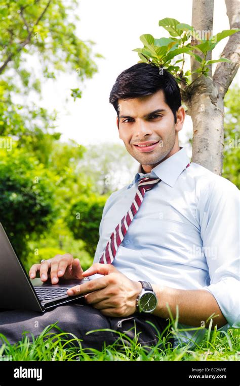 Indian Business Man Park Laptop Working Stock Photo Alamy