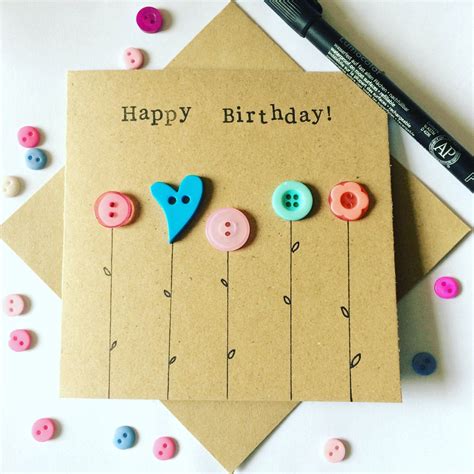 Happy Birthday Card Embellished With Button Flowers Etsy Happy