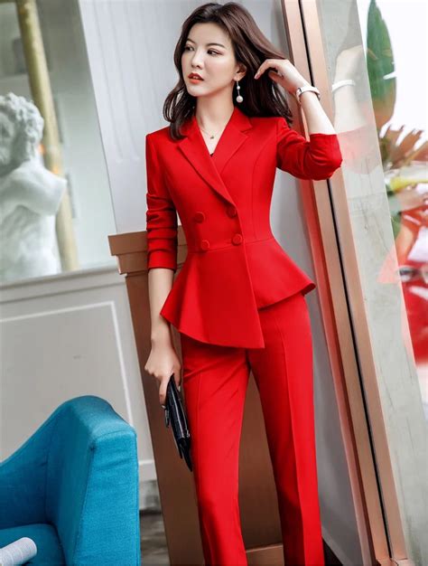 2019 Spring Summer Fashion Red Uniform Designs Pantsuits With Jackets