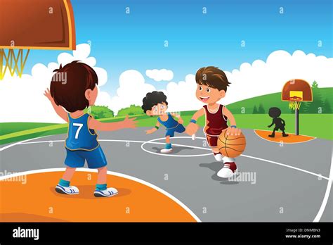 A Vector Illustration Of Kids Playing Basketball In A Playground Stock