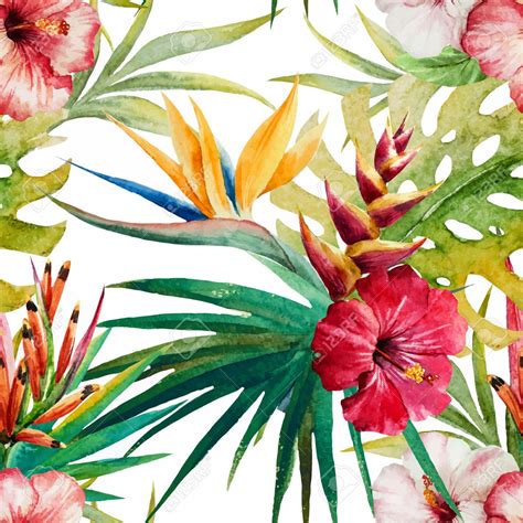 Beautiful Vector Pattern With Nice Watercolor Tropical Flowers Royalty