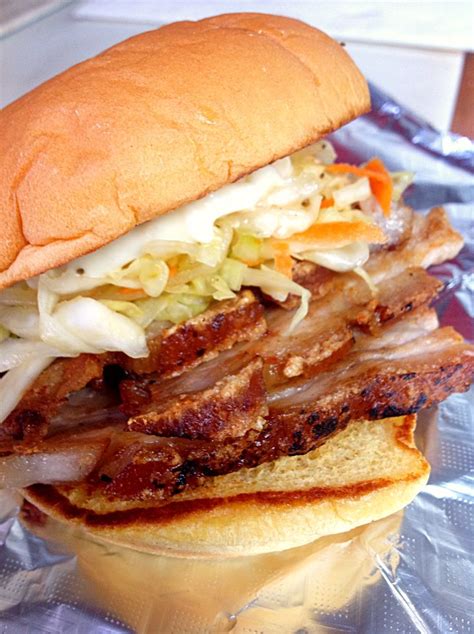 Crispy Skin Pork Belly Sandwich With Sweet And Sour Slaw And Roasted