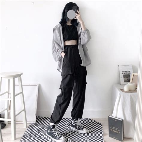 unisex fashion black pocket wide leg pants by63059 korean girl fashion kpop fashion outfits