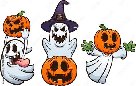 Halloween Ghosts And Pumpkins With Evil Smiles Vector Clip Art