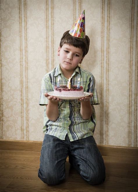 Alone Sad Boy With Birthday Cake On The Floor Stock Photo Image Of