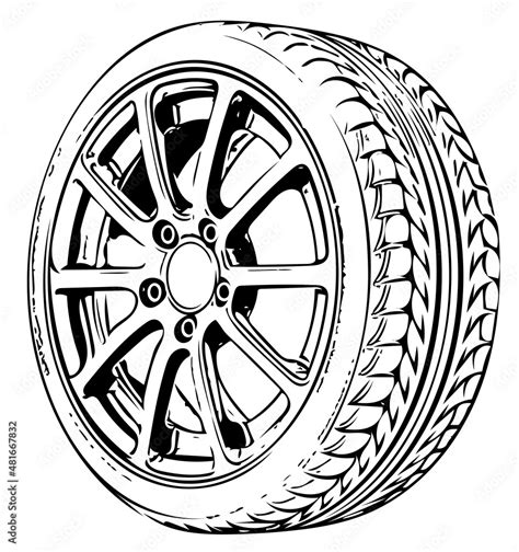 Car Wheel Sketch In Outline Style On White Background Logo For Tire